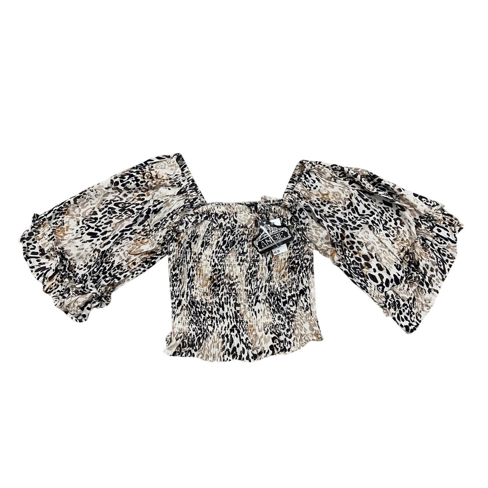 Angie Smocked Crop Boho Blouse Animal Print Peasant Top Sz M Wide Sleeve NWT